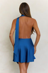 Sultry Satin Halter Neck Scarf Mini Dress Blue