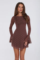Sunset Season Long Sleeve Polka Dot Mini Dress Brown