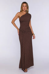 Power Mood One Shoulder Polka Dot Maxi Dress Brown
