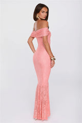 Secrets Worth Sharing Off Shoulder Lace Maxi Dress Peach