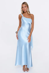 Fashion Story One Shoulder Satin Maxi Dress Blue