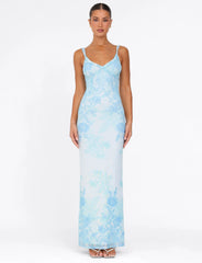 GUILIANNA FRILL MAXI DRESS - BLUE : FLORAL : TAPESTRY