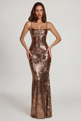 Embellished Straight-Neck Maxi Dress in Copper Gold