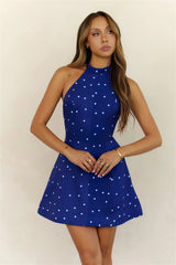 Lights Camera Fun Halter Polka Dot Mini Dress Navy
