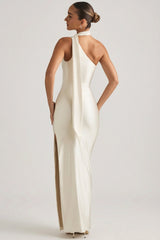 Asymmetric Scarf-Detail Maxi Dress in Pearl