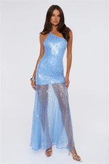 Crystal Whisper One Shoulder Sequin Maxi Dress Blue
