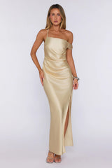 Social Diary Off Shoulder Satin Maxi Dress Yellow