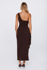 Chic One Shoulder Ruched Drape Maxi Dress Chocolate