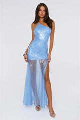 Crystal Whisper One Shoulder Sequin Maxi Dress Blue