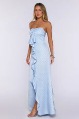 Sparked Hour Satin Polka Dot Strapless Maxi Dress Blue
