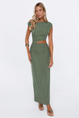 Style Archive Off Shoulder Mesh Maxi Dress Olive