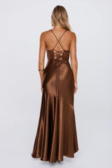 Moments In Silk Satin Maxi Dress Chocolate