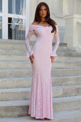 Laced Up Luxe Off Shoulder Maxi Dress Light Pink