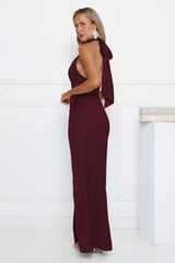 Satin Sophistication Halter Maxi Dress Chocolate