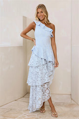Enchanted Moments One Shoulder Lace Maxi Dress Blue
