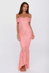 Secrets Worth Sharing Off Shoulder Lace Maxi Dress Peach