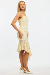 Yellow Midi Dress Asymmetric Hem Lace