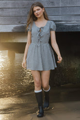 Black Check Mini Dress Ribbon Detail