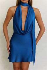 Sultry Satin Halter Neck Scarf Mini Dress Blue