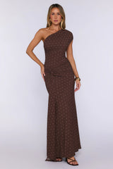 Power Mood One Shoulder Polka Dot Maxi Dress Brown