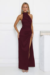 Satin Sophistication Halter Maxi Dress Chocolate