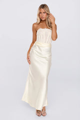 Only Lover Satin Lace Strapless Maxi Dress Yellow