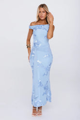 Future Icon Off Shoulder Mesh Maxi Dress Blue