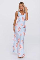 Elegant Garden Satin Cowl Neck Maxi Dress Blue