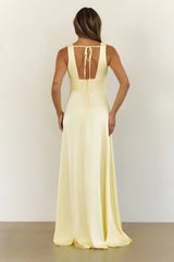 Golden Aura Satin V Neck Maxi Dress Yellow