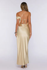 Social Diary Off Shoulder Satin Maxi Dress Yellow