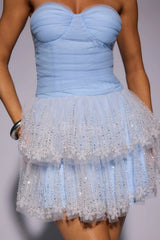 Bloom Soft Strapless Mesh Embellished Mini Dress Blue