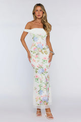 Romantic Garden Floral Off The Shoulder Maxi Dress White