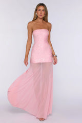 The Fame Effect Embellished Mesh Strapless Maxi Dress Pink