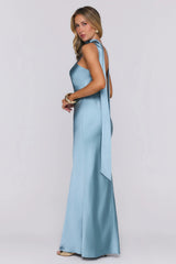 Angelic Love Halter Satin Maxi Dress Steel Blue