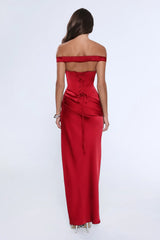 The After Party Off Shoulder Satin Maxi Dress Red