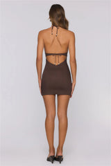 Wardrobe Priority Halter Linen Blend Mini Dress Chocolate