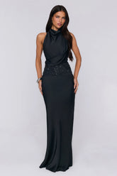 Gossip And Glitter Halter Satin Maxi Dress Black