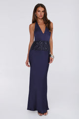 Style Icon Energy Halter Satin Maxi Dress Navy