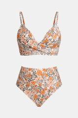 Floral Print Twist Bralette & Spliced High Waist Bikini Set