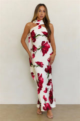 Elegant Satin Neck Scarf Maxi Dress Red