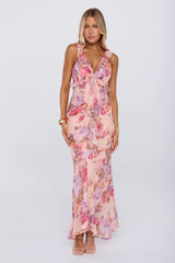 Sweet Escape Frill Floral High Low Maxi Dress Peach