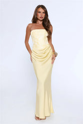 Dressed To Dazzle Strapless Satin Maxi Dress Yellow