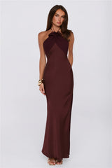 Irresistibly Sleek Halter Satin Maxi Dress Brown