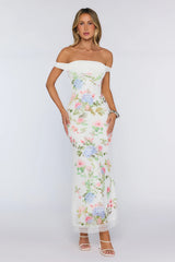 Romantic Garden Floral Off The Shoulder Maxi Dress White