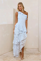 Enchanted Moments One Shoulder Lace Maxi Dress Blue