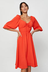 Red Midi Dress Short Sleeve Sweetheart Neckline