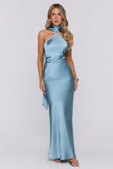 Angelic Love Halter Satin Maxi Dress Steel Blue