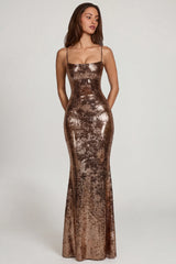 Embellished Straight-Neck Maxi Dress in Copper Gold