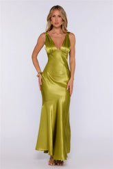 Pretty Society Satin Maxi Dress Olive