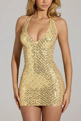 Embellished Halterneck Mini Dress in Gold
